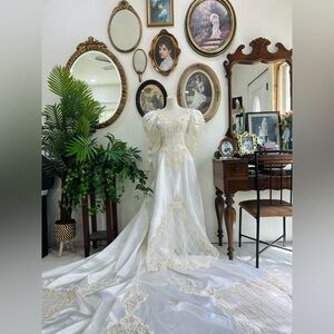 Elegant White Gown with Gold Embroidery